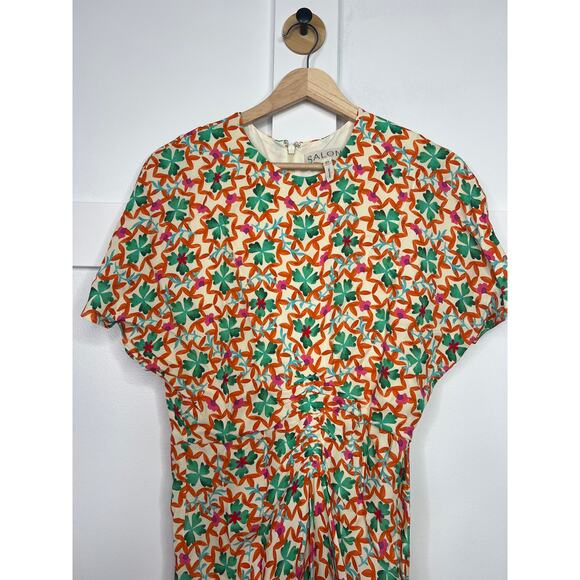 NEW Saloni Scoop Neck Ruched Tiered Marta Short Sleeved Midi Dress Sorel Orange - Picture 5 of 8